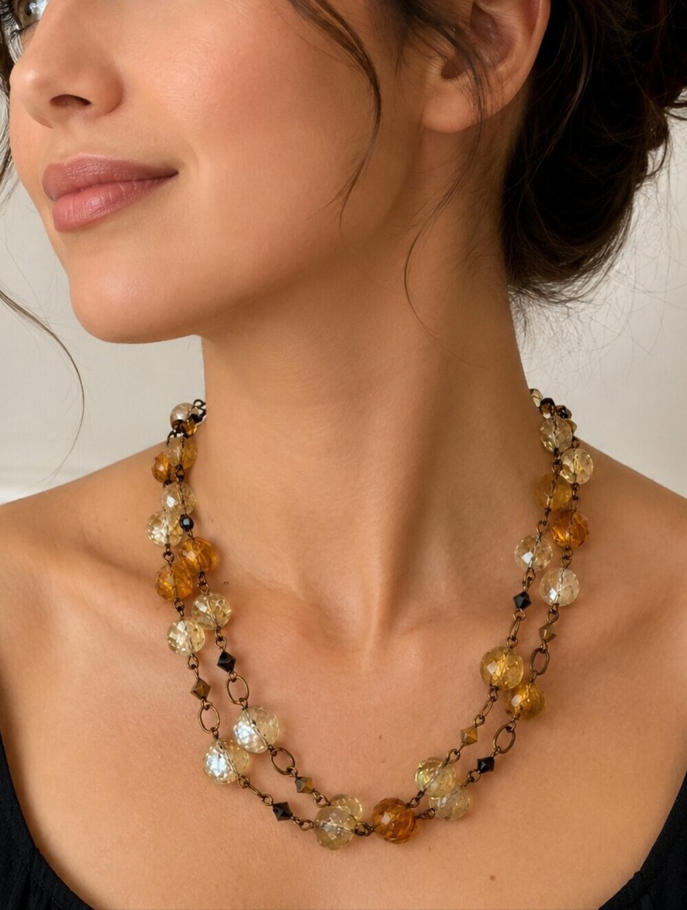 Vtg Amber Glass Beaded Chain Necklace
